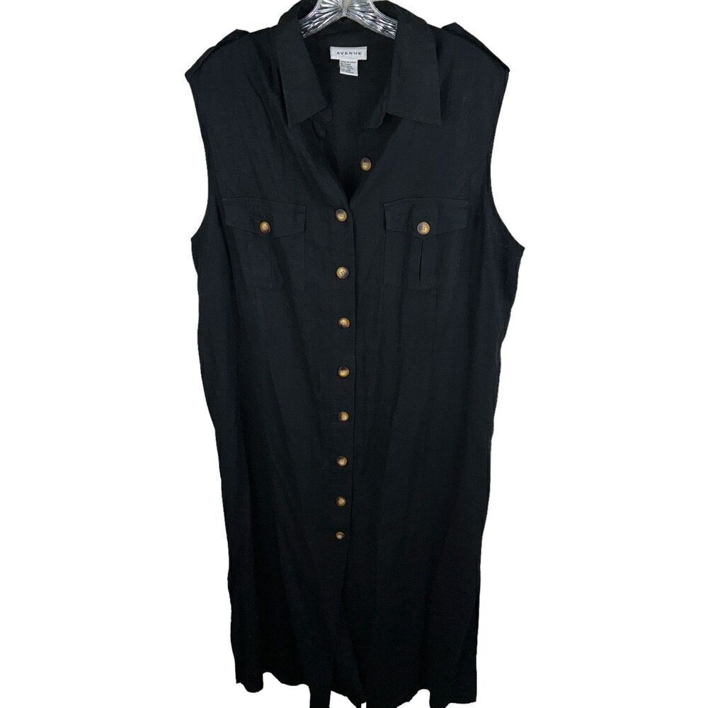 Avenue Womens Sleeveless Collar Button Down Dress Black Size 20 Linen Coastal